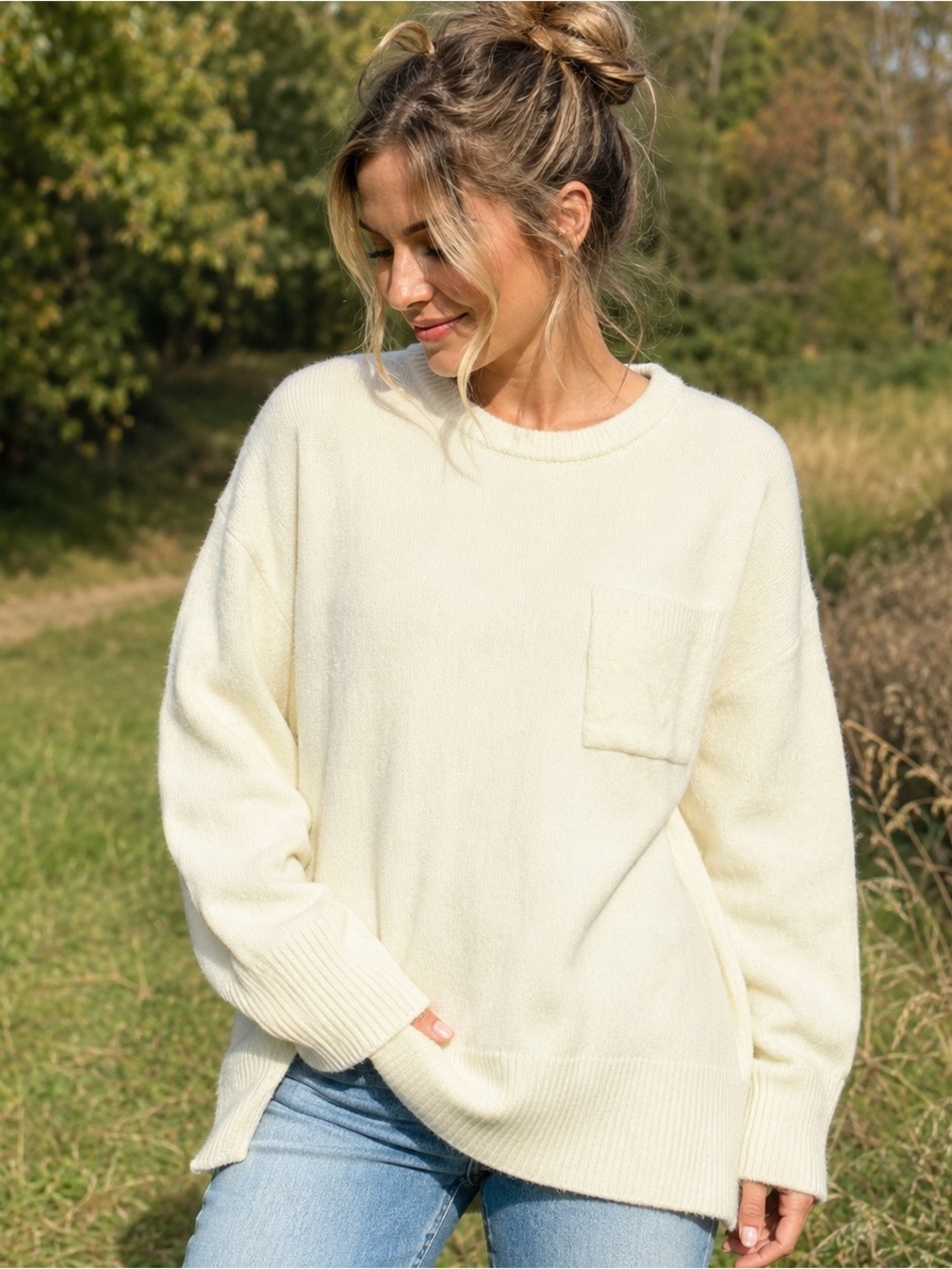 ZENANA L/XL Cream Ivory Ribbed Knit Crewneck Pocket Sweater